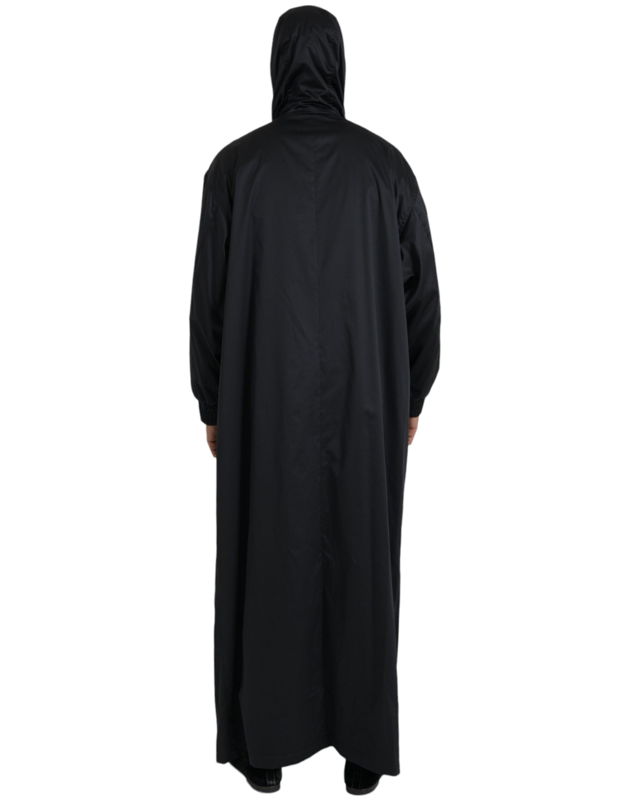 Black long windbreaker jacket with hood made of polyester