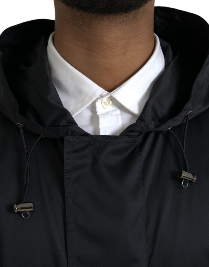 Black long windbreaker jacket with hood made of polyester