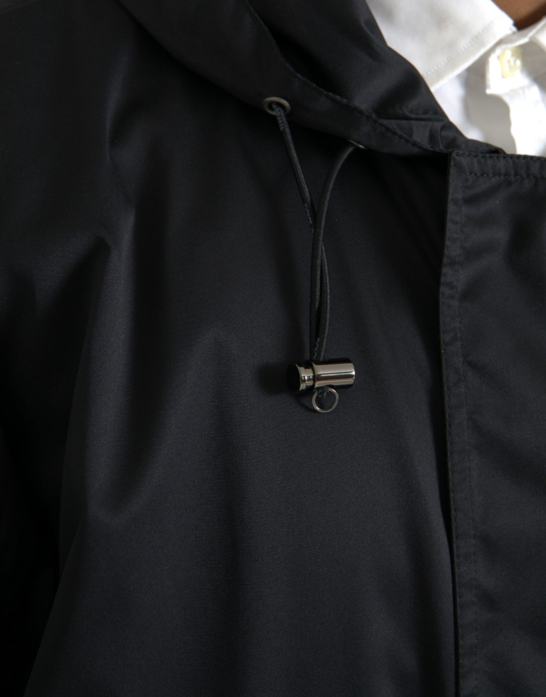 Black long windbreaker jacket with hood made of polyester