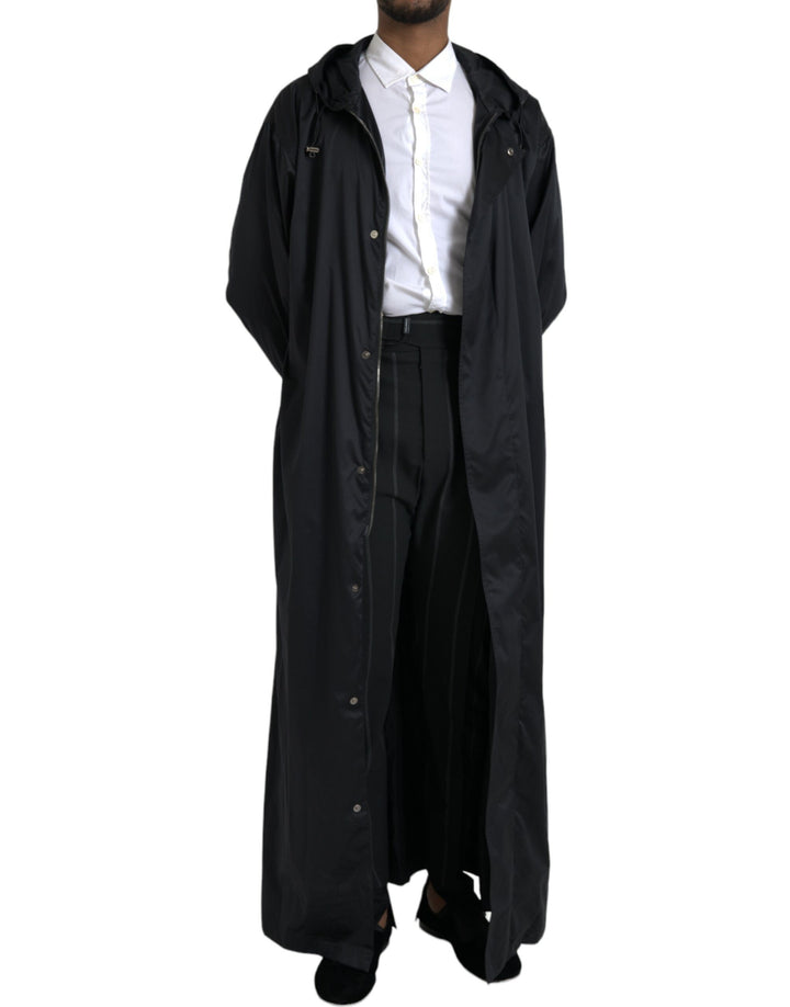 Black long windbreaker jacket with hood made of polyester