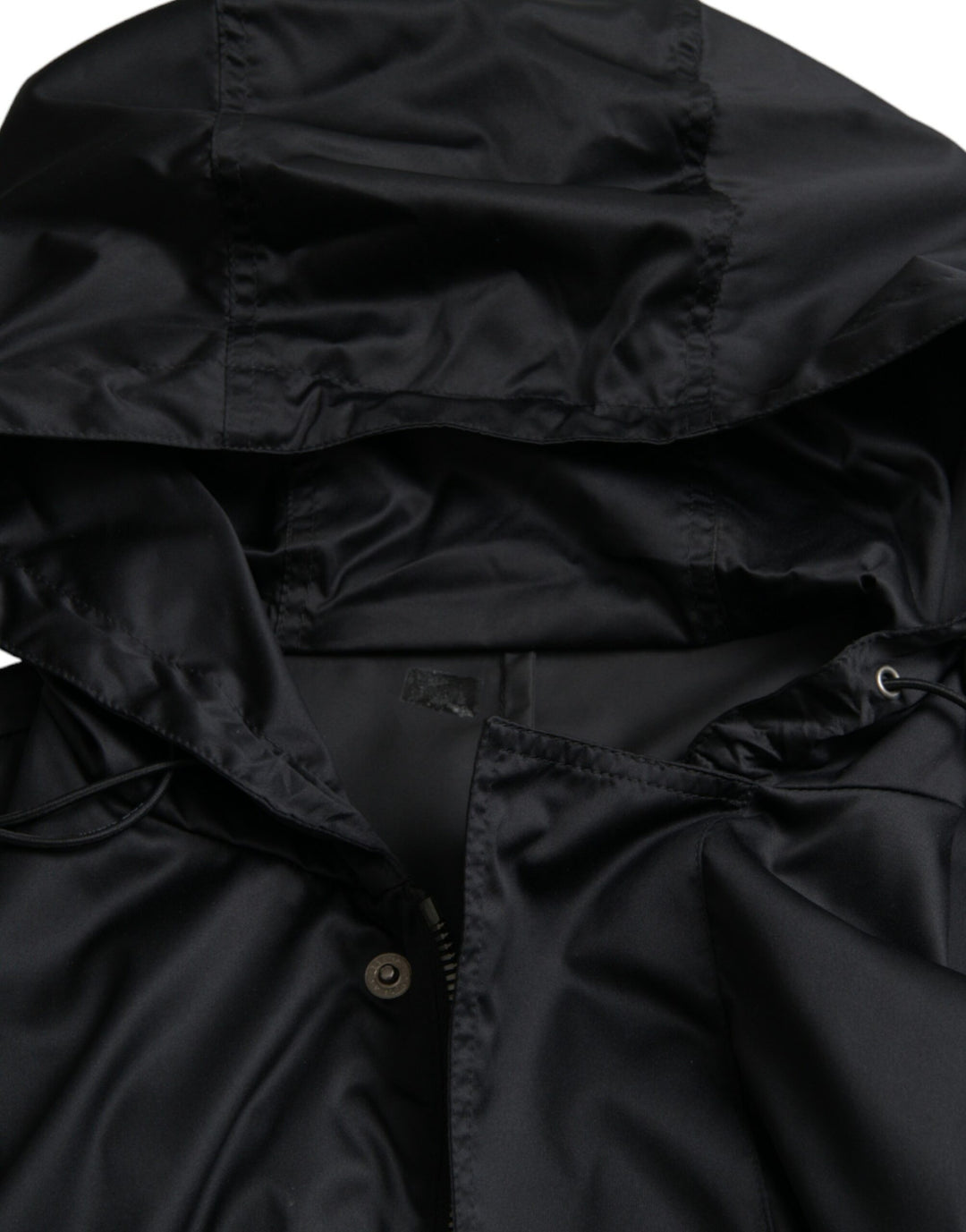 Black long windbreaker jacket with hood made of polyester