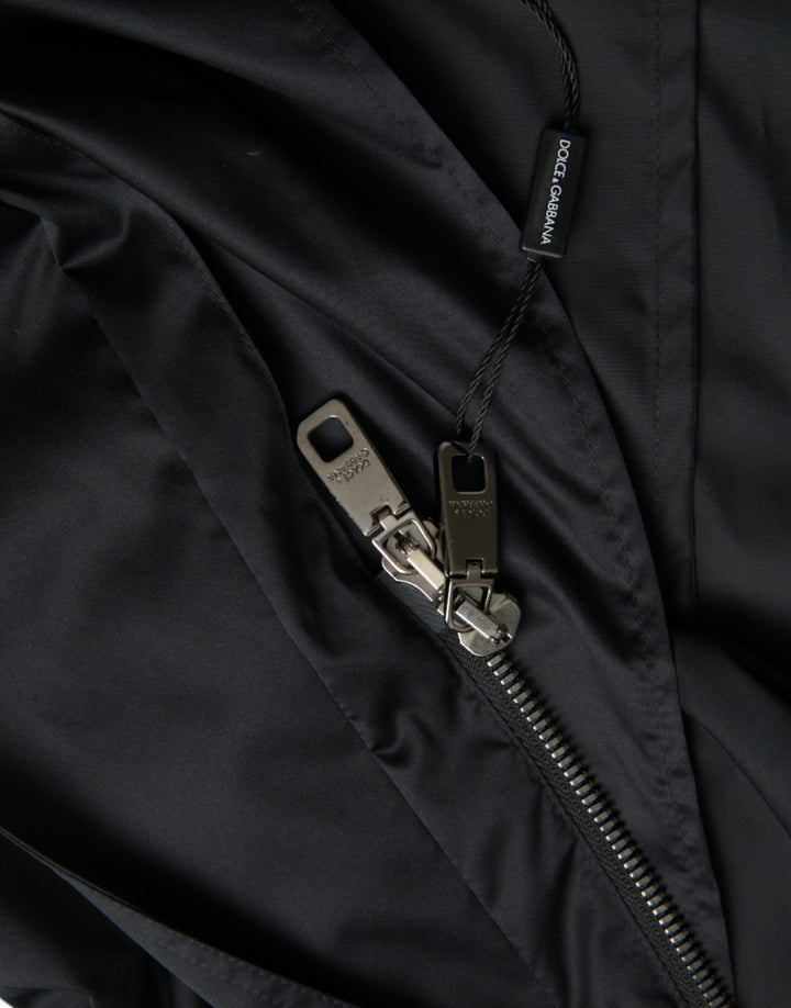 Black long windbreaker jacket with hood made of polyester