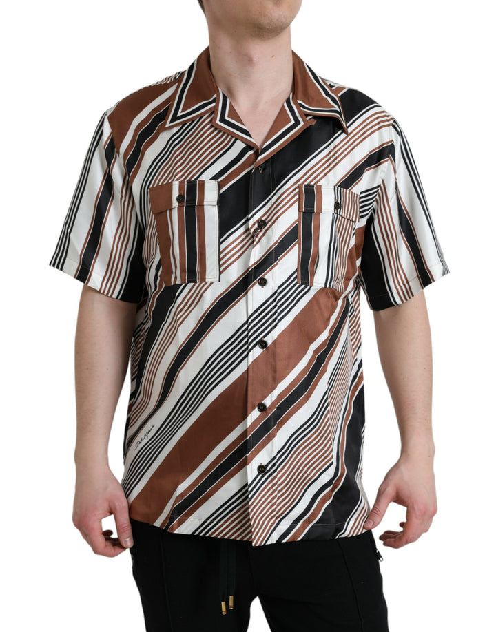 Brown and white striped silk shirt with short sleeves