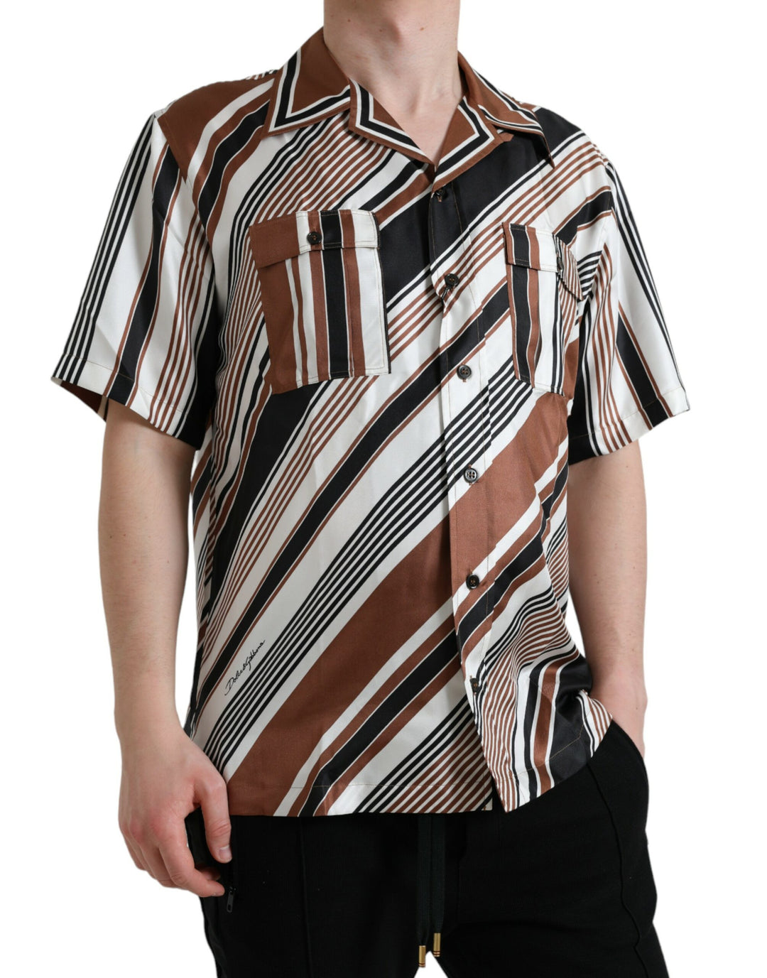 Brown and white striped silk shirt with short sleeves