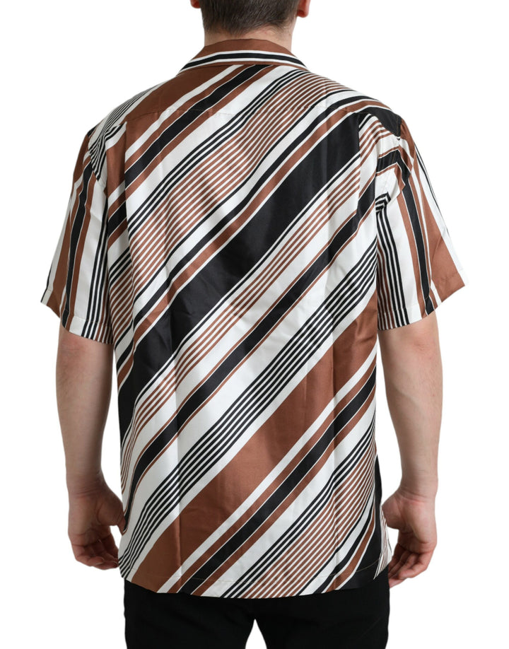 Brown and white striped silk shirt with short sleeves