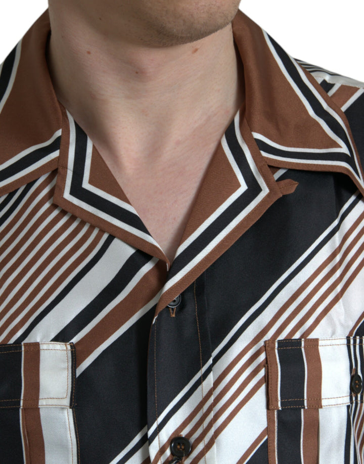 Brown and white striped silk shirt with short sleeves