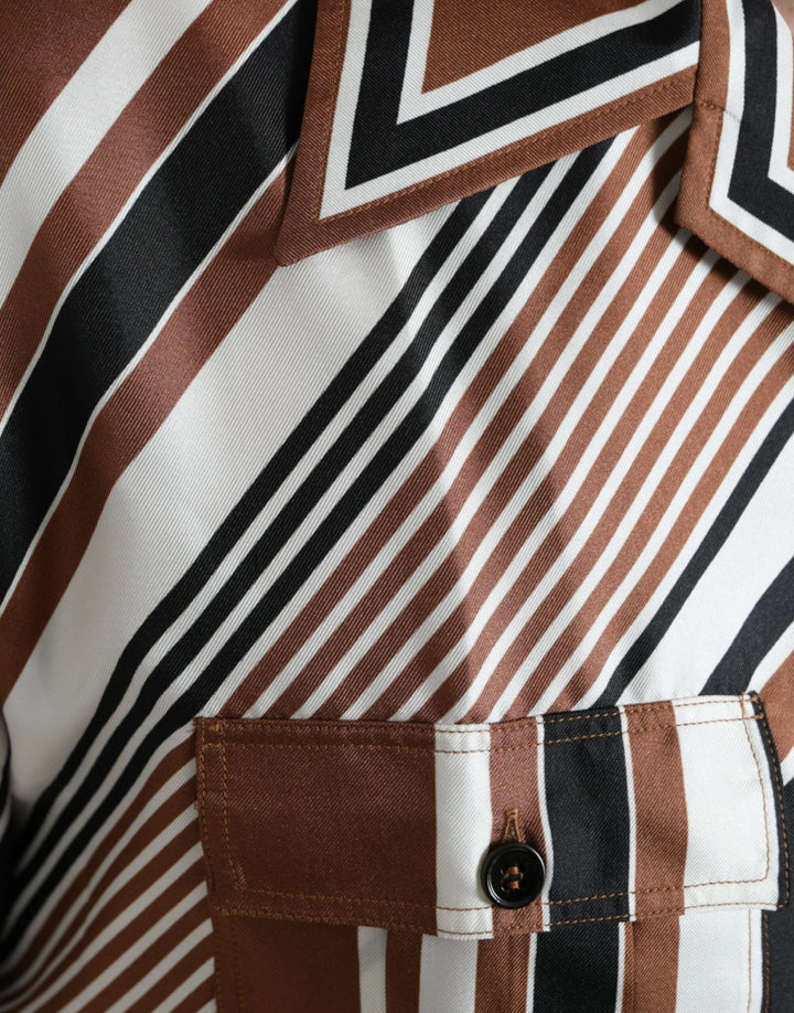 Brown and white striped silk shirt with short sleeves