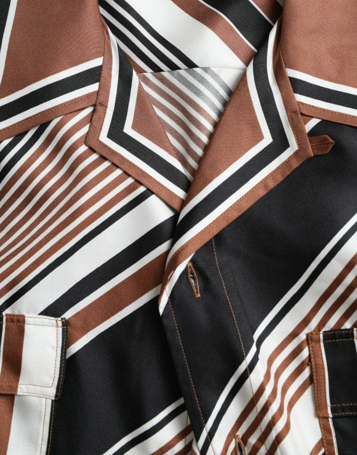 Brown and white striped silk shirt with short sleeves