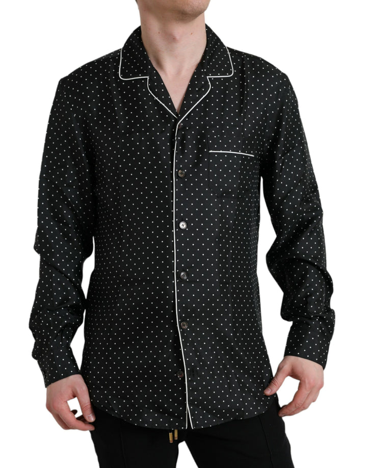 Black polka dot silk shirt with long sleeves