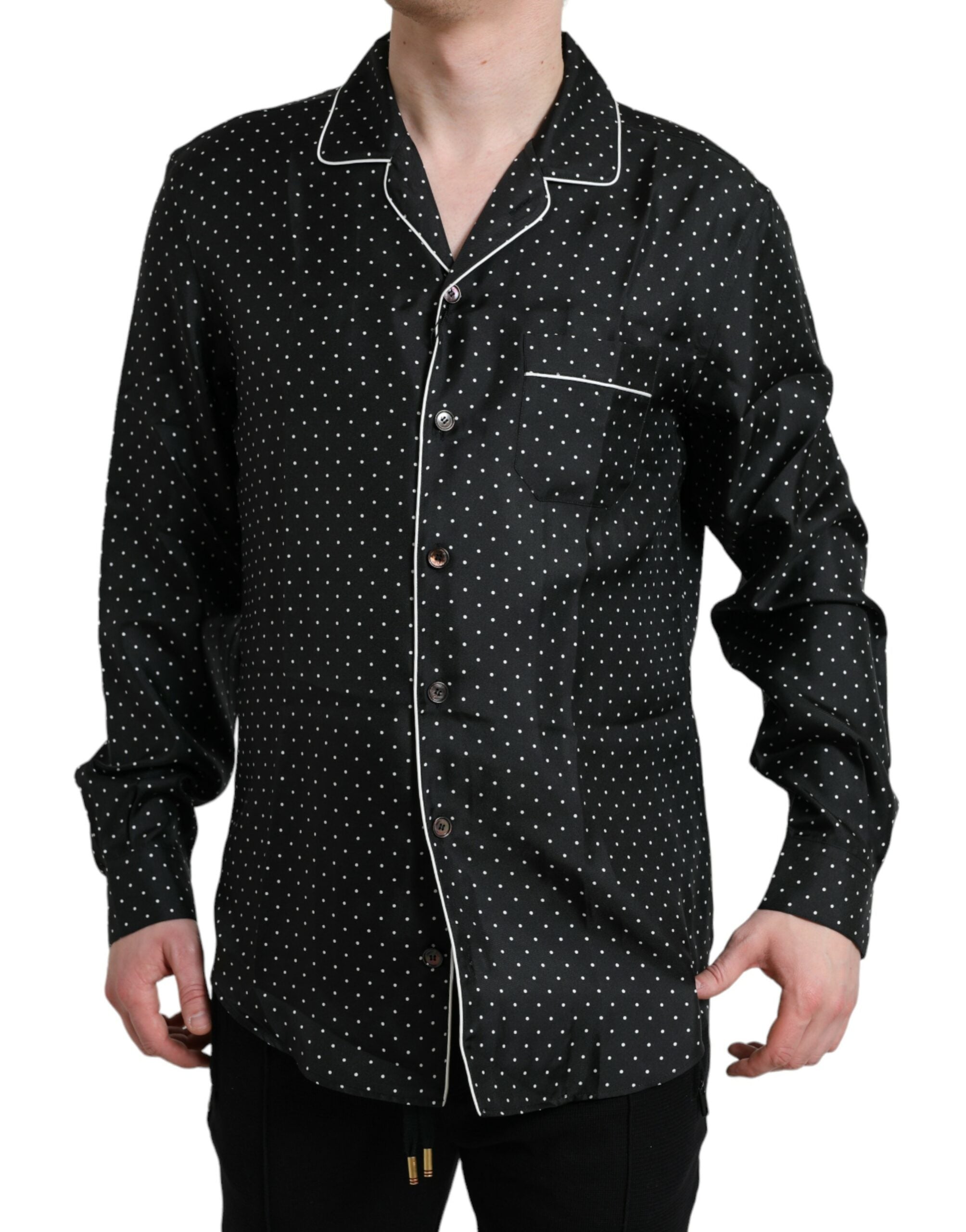 Black polka dot silk shirt with long sleeves