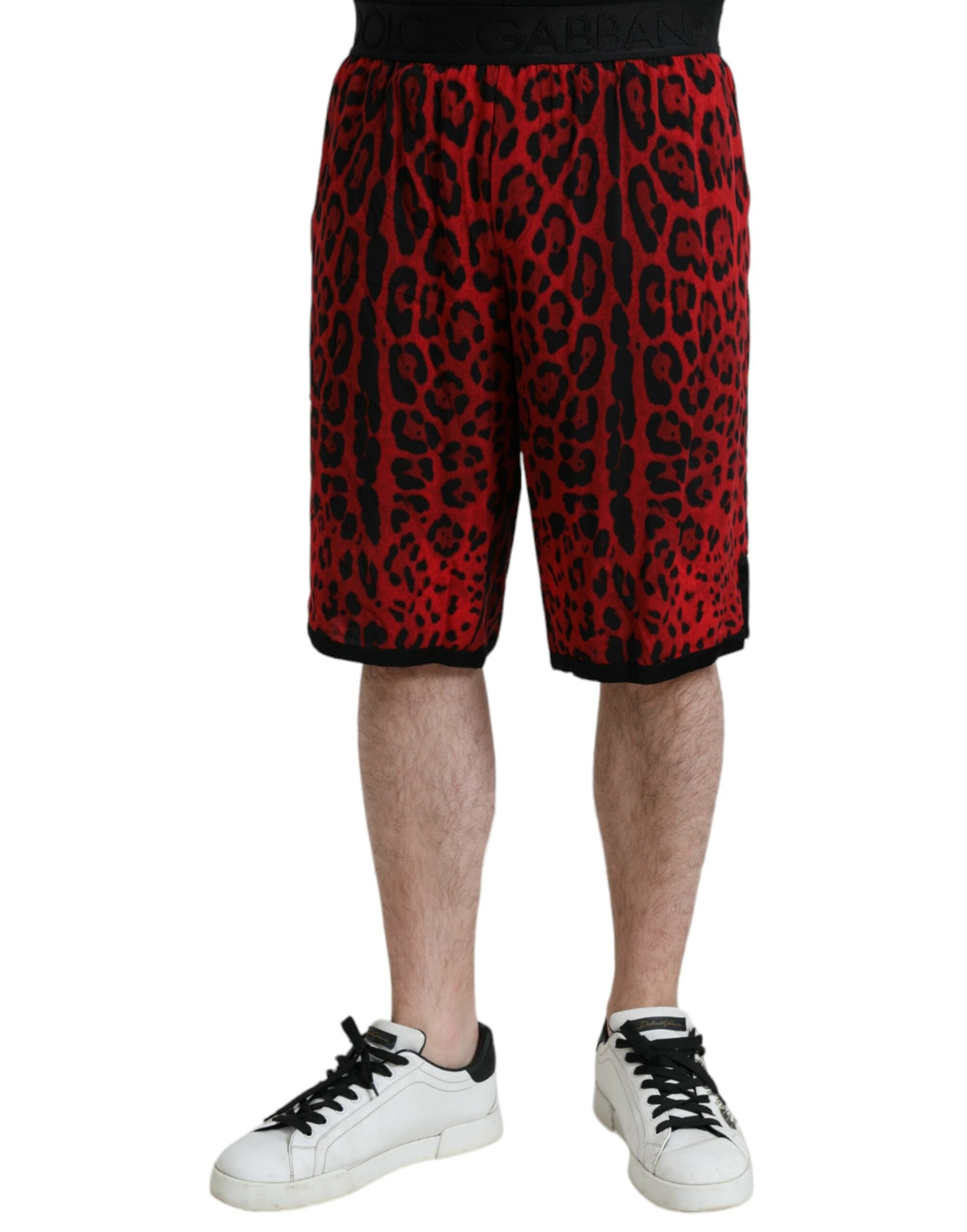 Red leopard print viscose Bermuda shorts