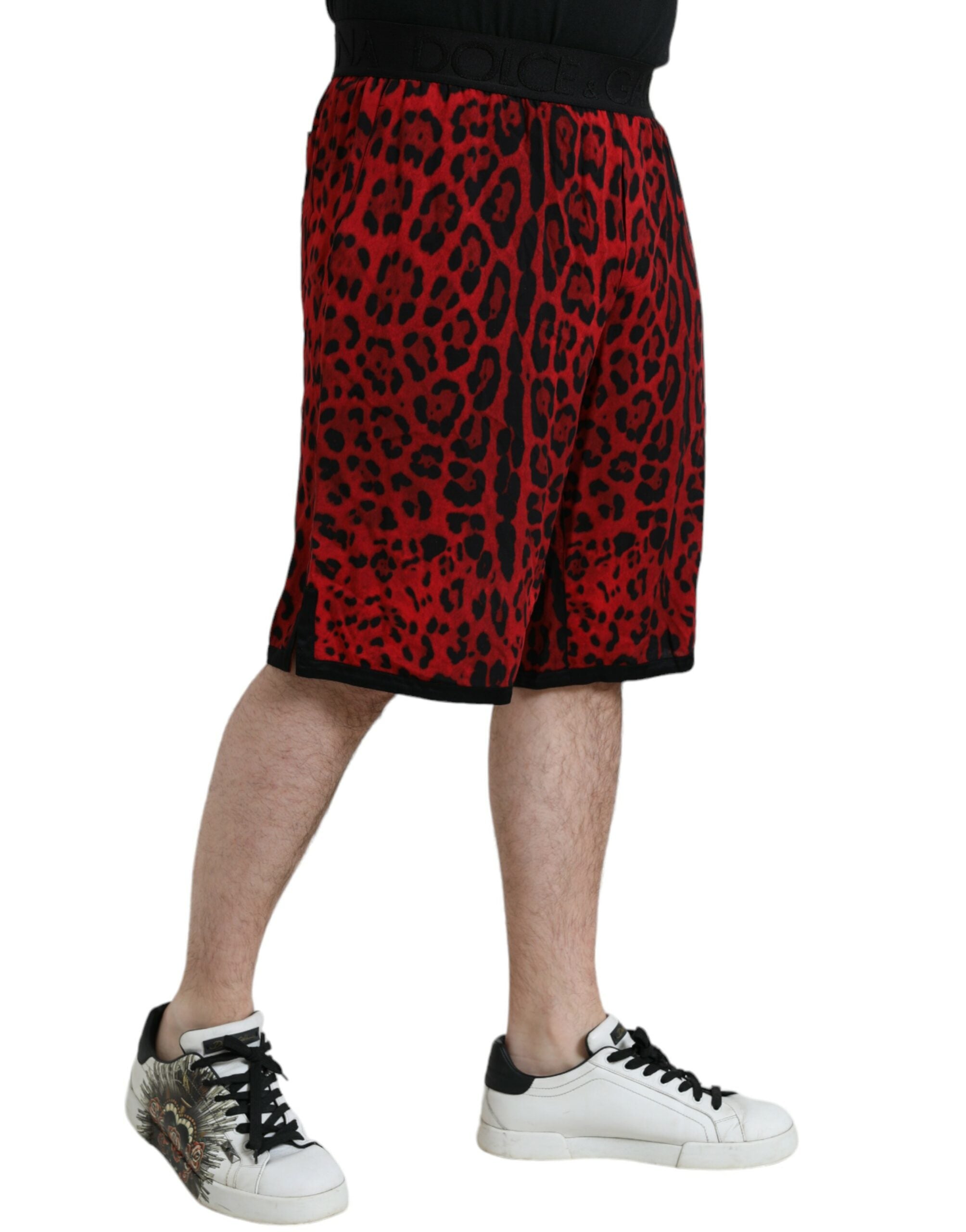 Red leopard print viscose Bermuda shorts