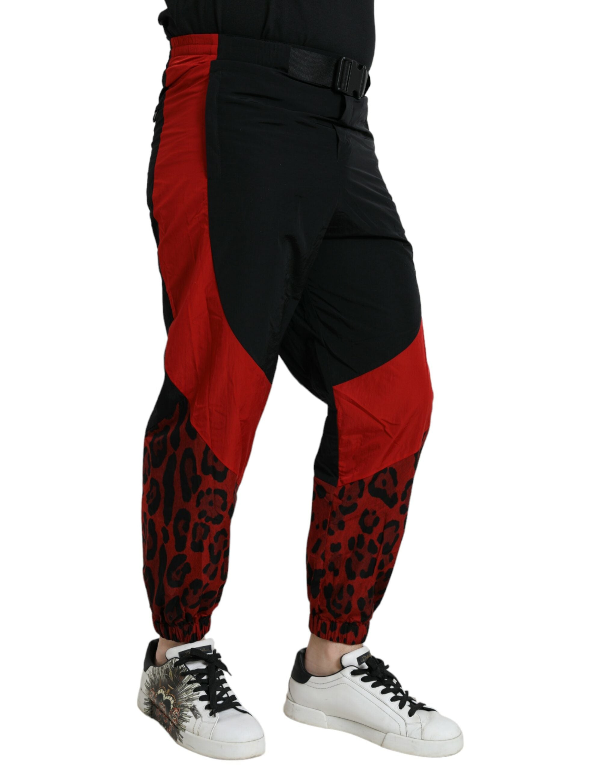 Black and Red Leopard Print Nylon Jogger Pants