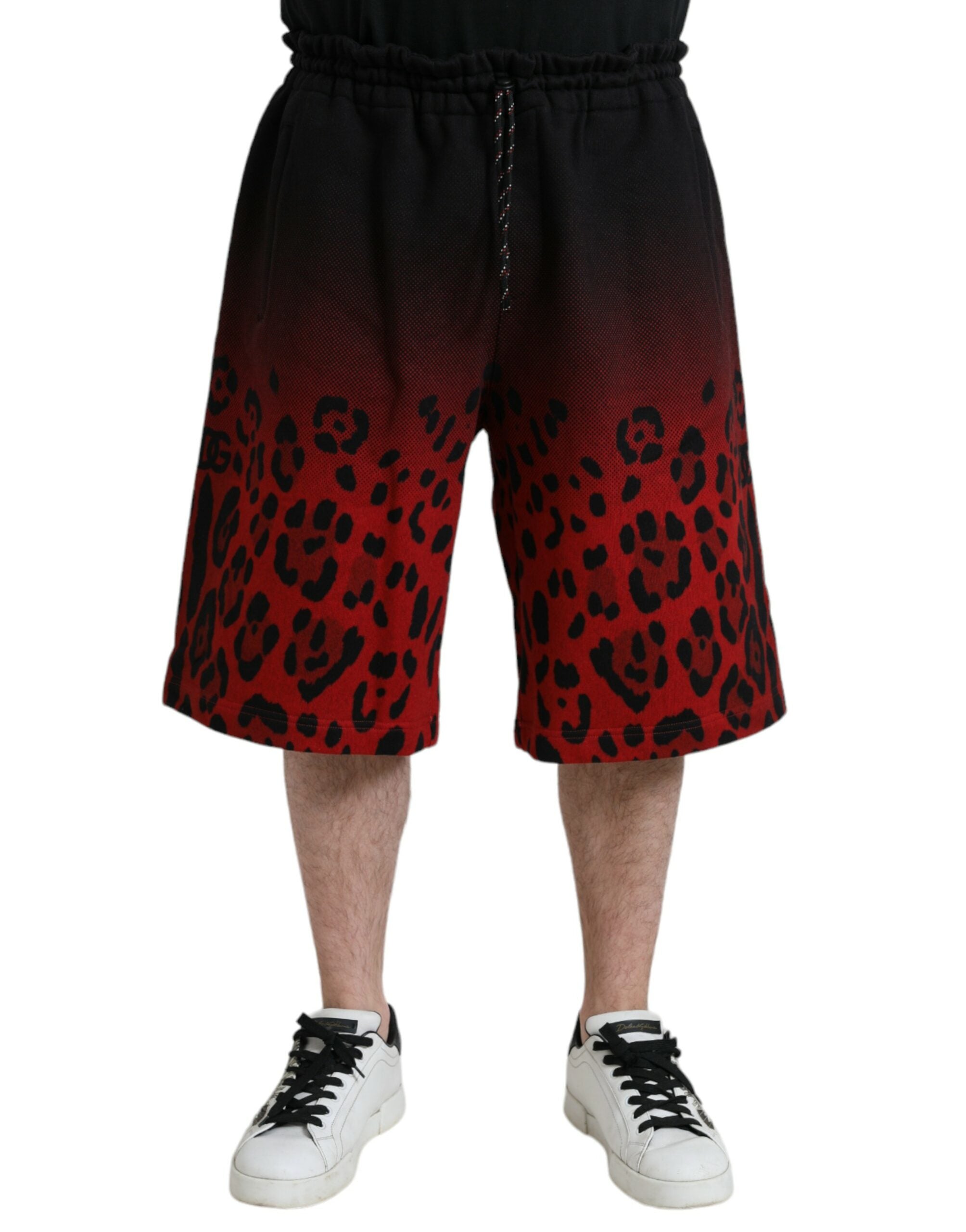 Red cotton Bermuda shorts with leopard print