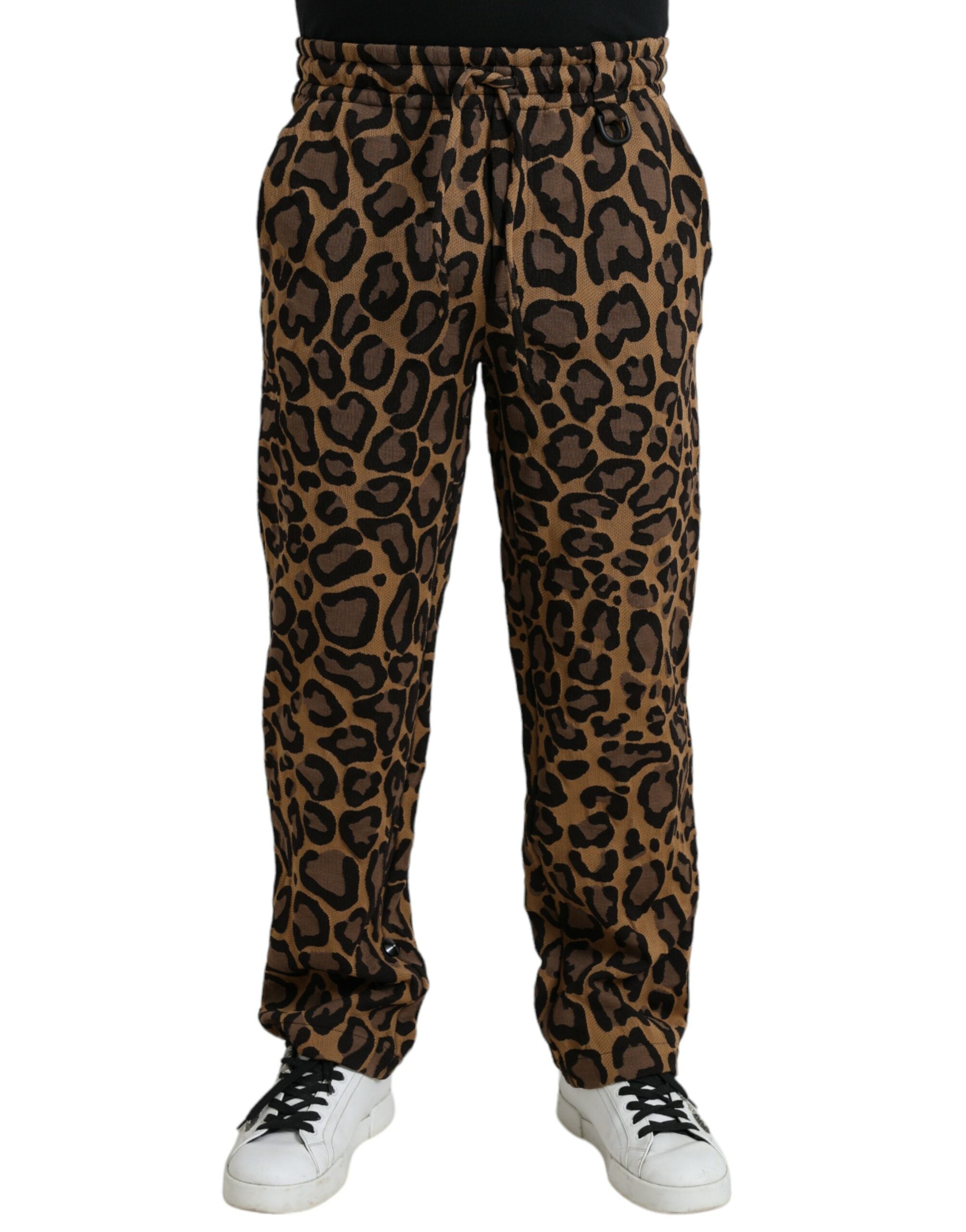 Brown polyester jogger pants with leopard print