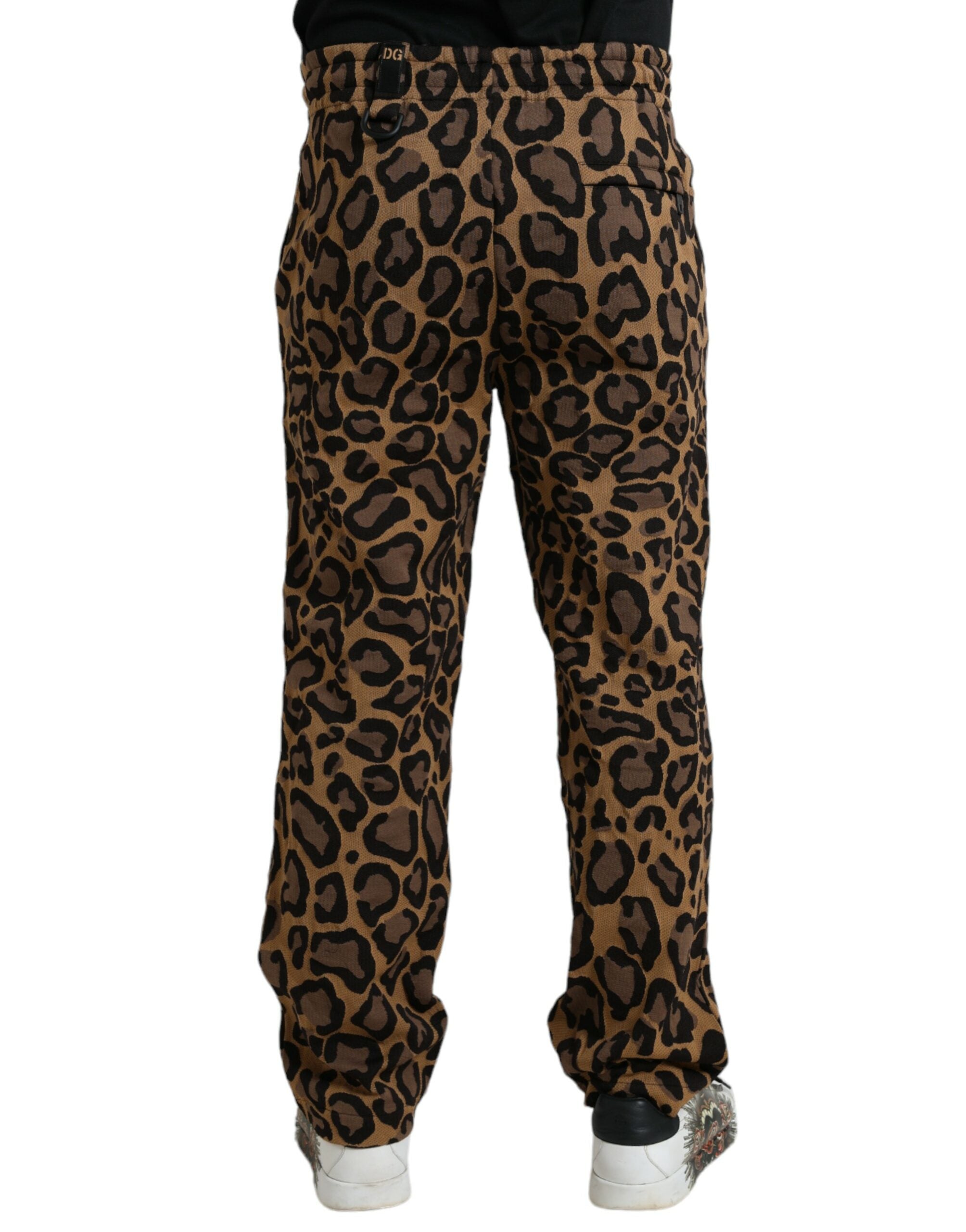 Brown polyester jogger pants with leopard print