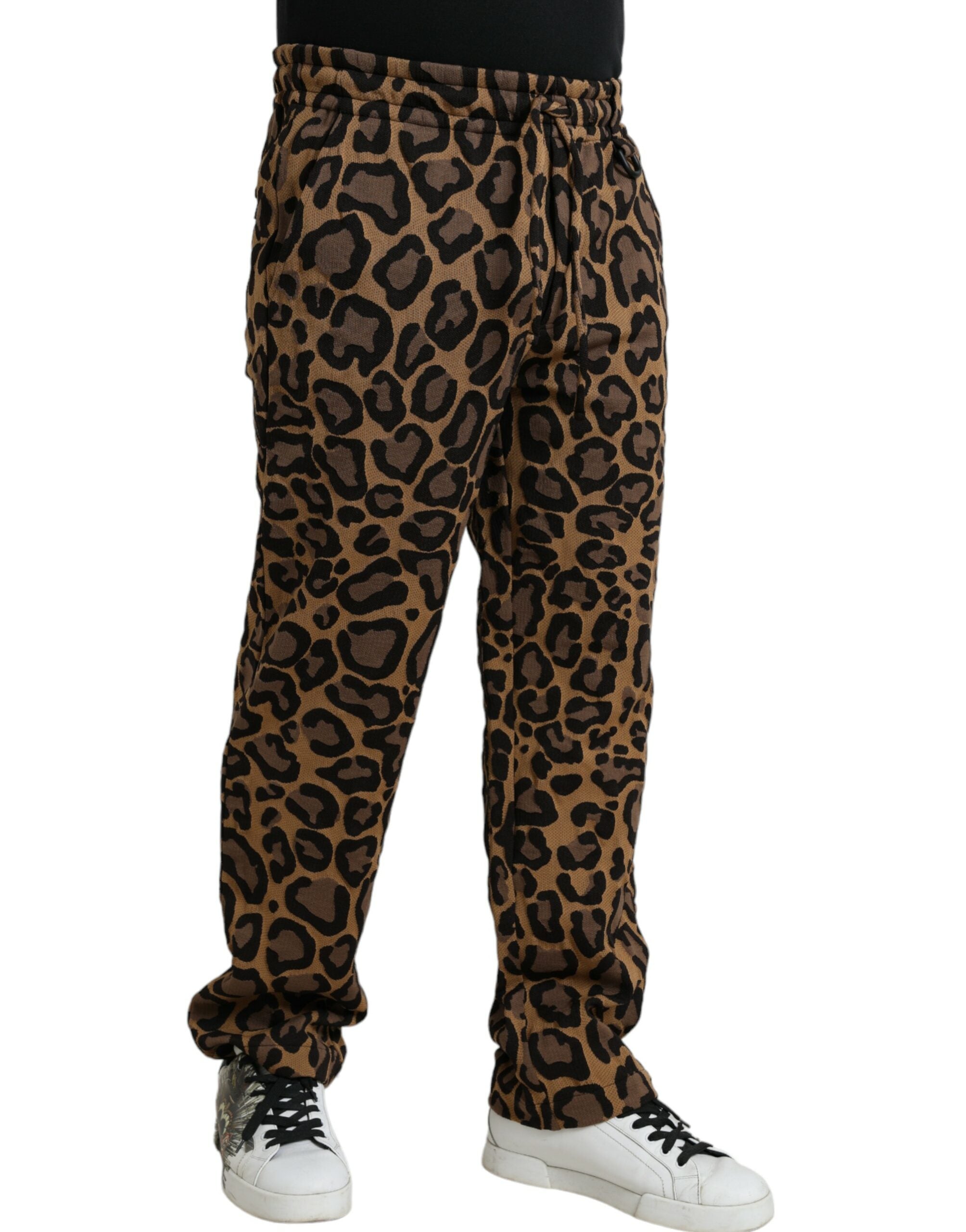 Brown polyester jogger pants with leopard print