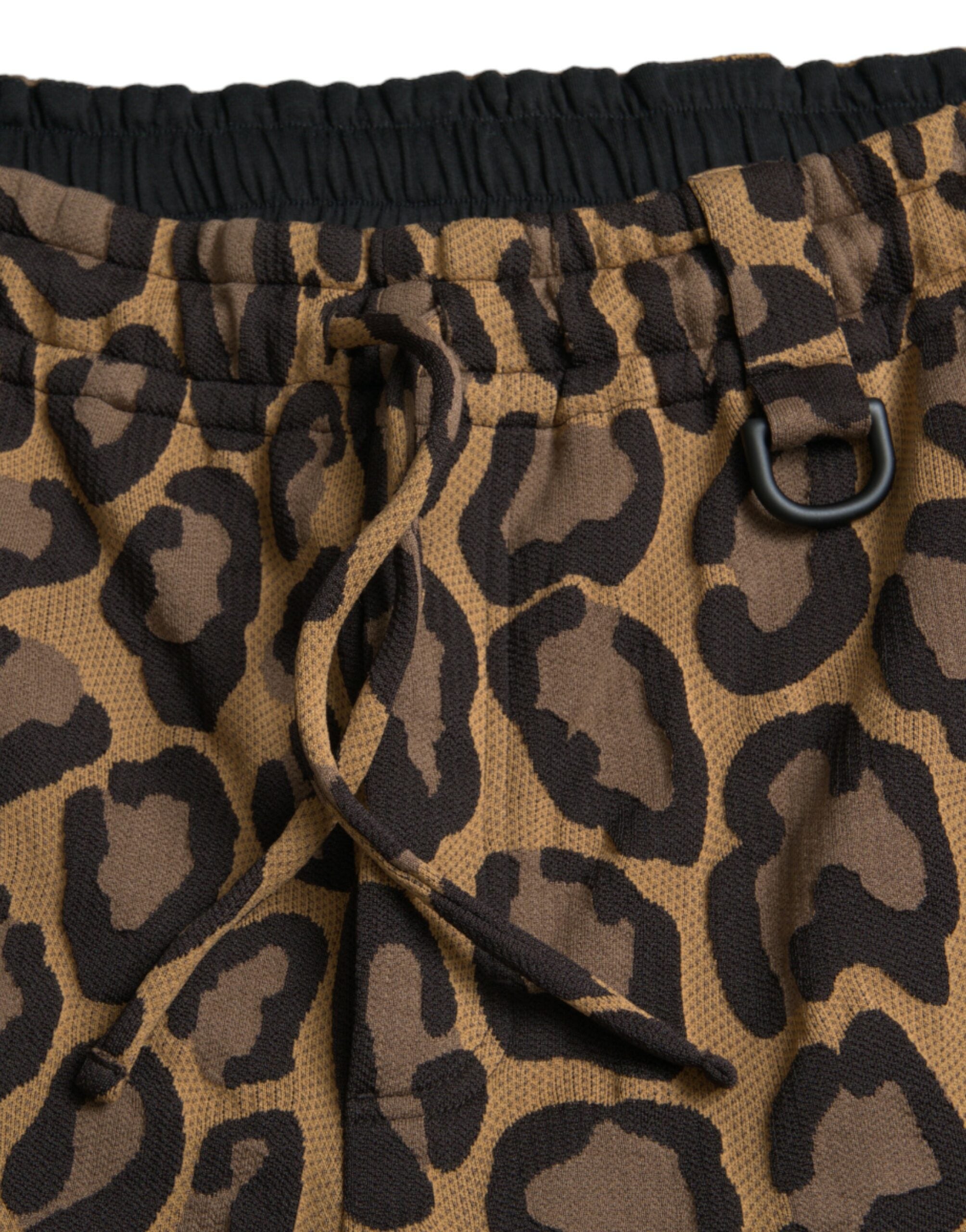 Brown polyester jogger pants with leopard print