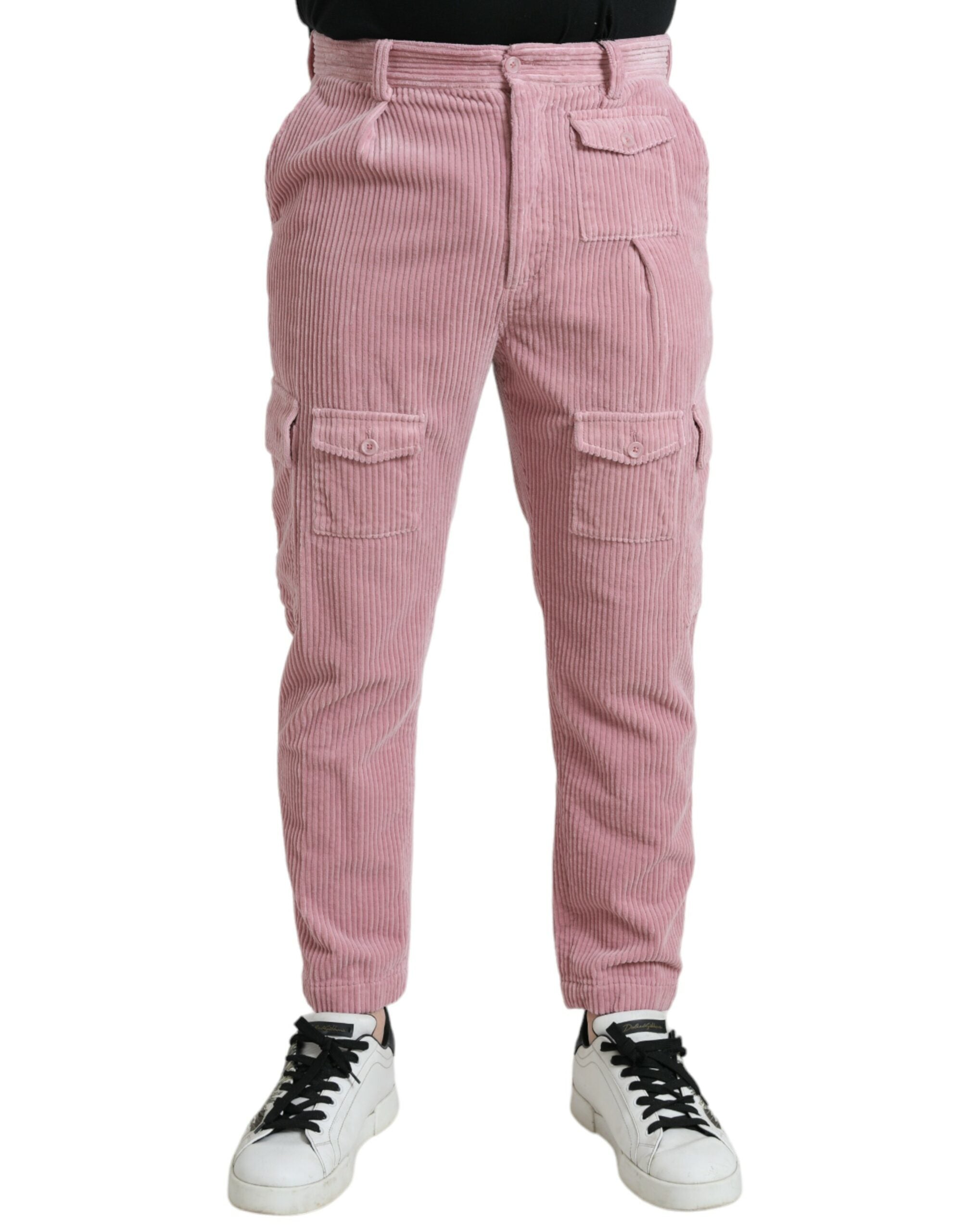 Pink corduroy cotton stretch skinny cargo jeans