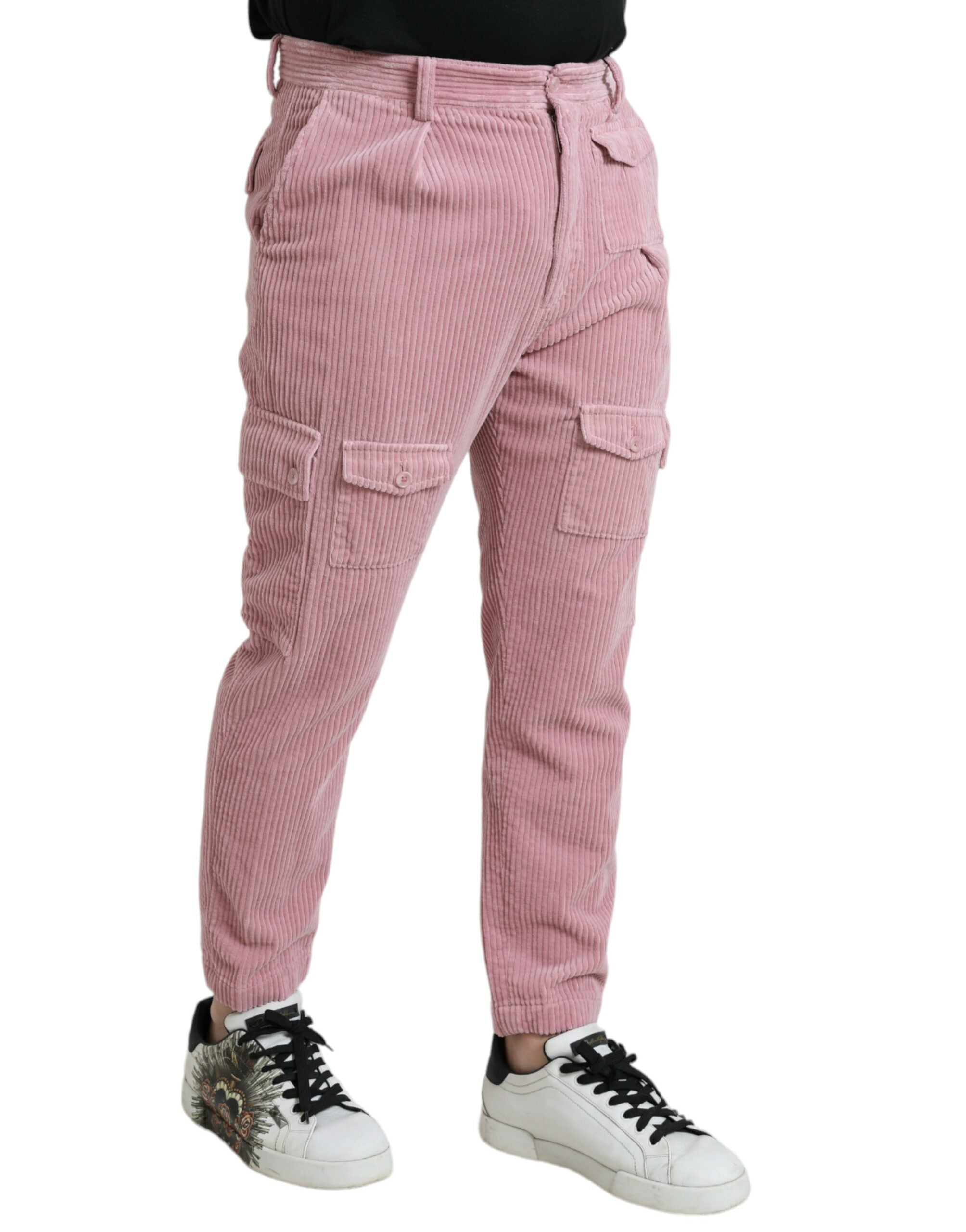 Pink corduroy cotton stretch skinny cargo jeans