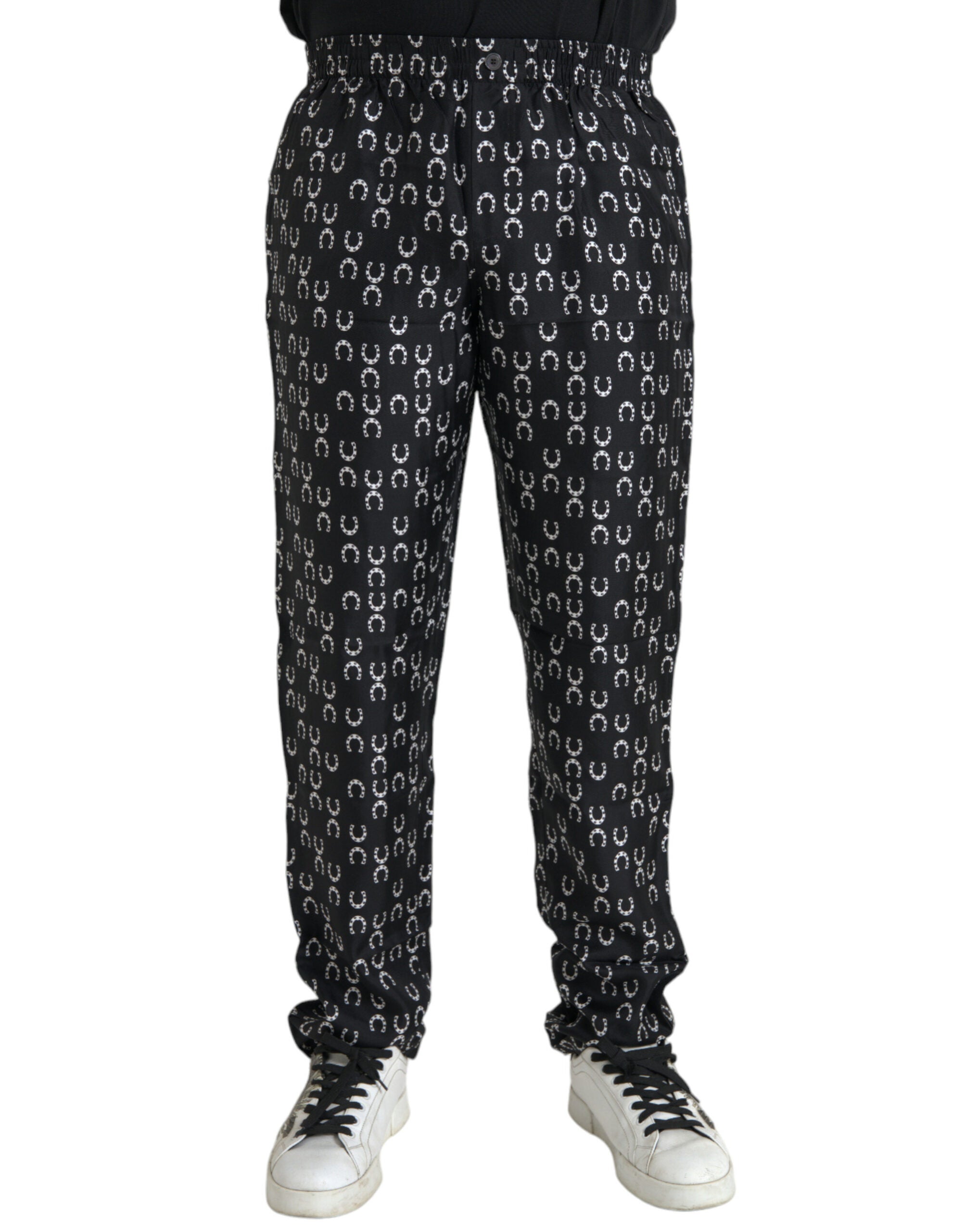 Black silk trousers with horseshoe pattern