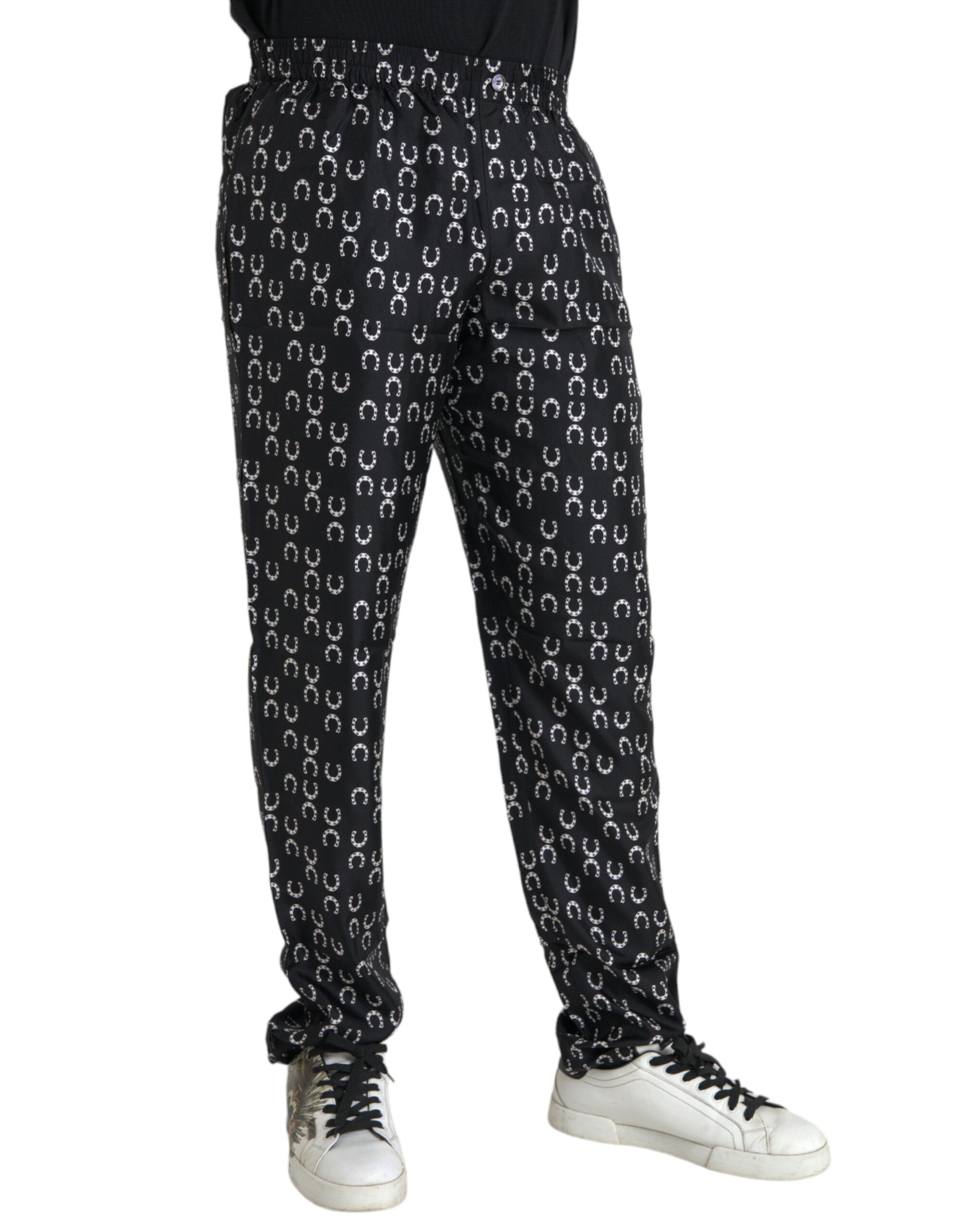 Black silk trousers with horseshoe pattern