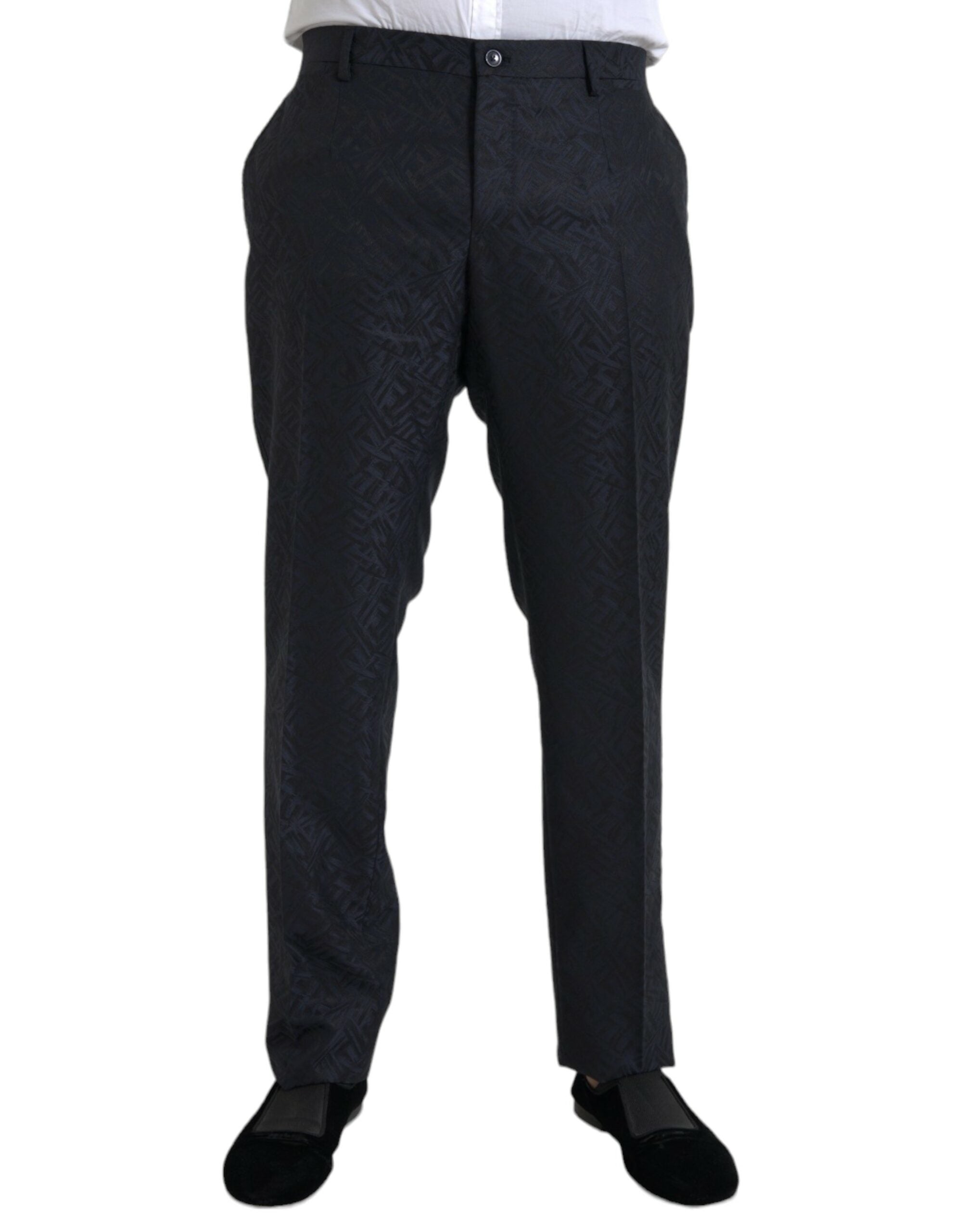 Blue Brocade Wool Skinny Men's Suit Pants