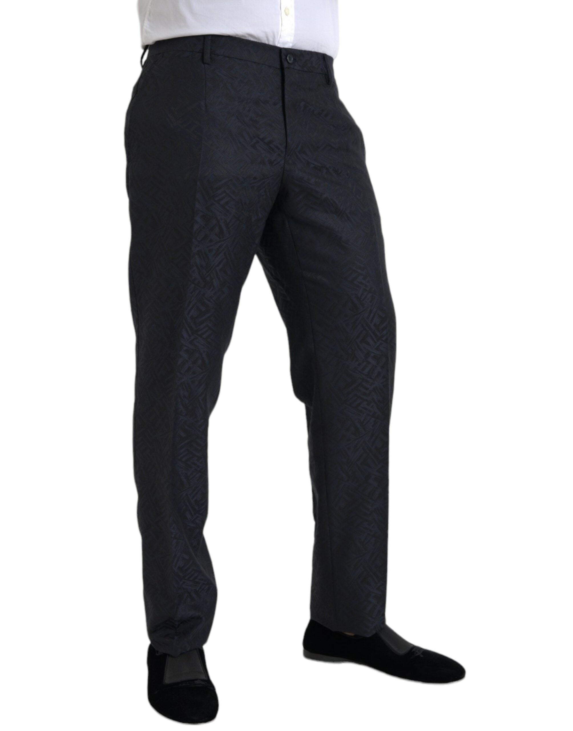 Blue Brocade Wool Skinny Men's Suit Pants