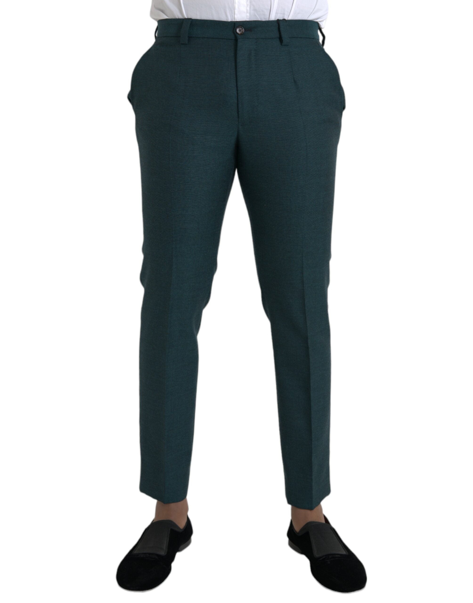 Green skinny slim dress trousers made of wool