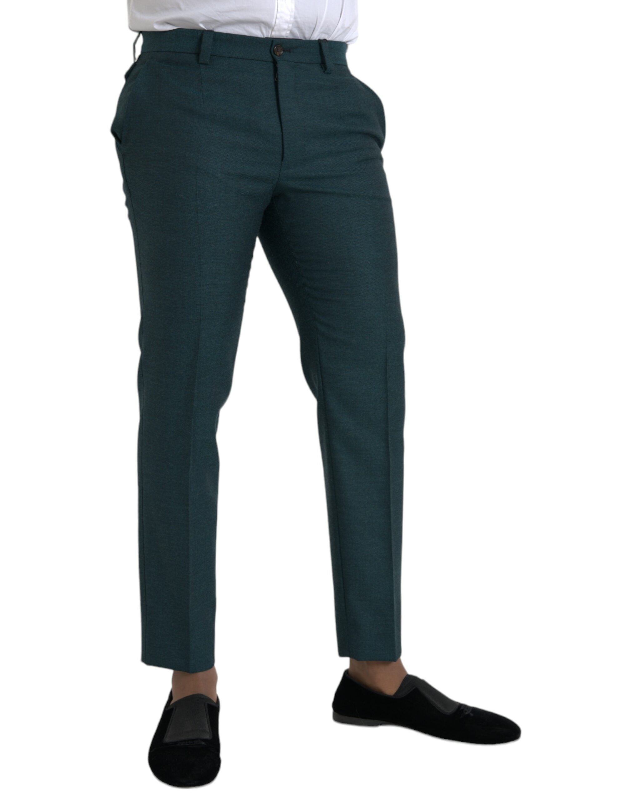 Green skinny slim dress trousers made of wool