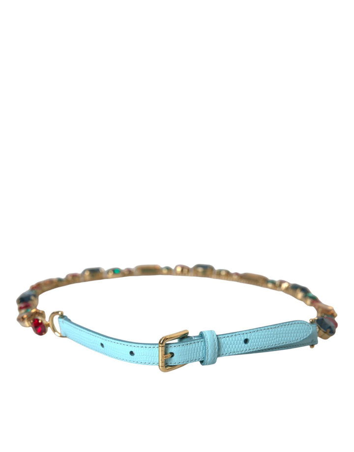 Light blue leather crystal chain waist belt