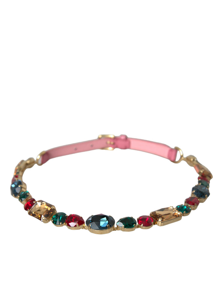 Pink leather belt with crystal chain decoration