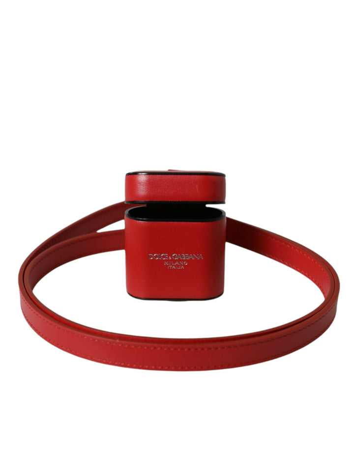Red Calfskin Logo Print Strap Men Airpods Case