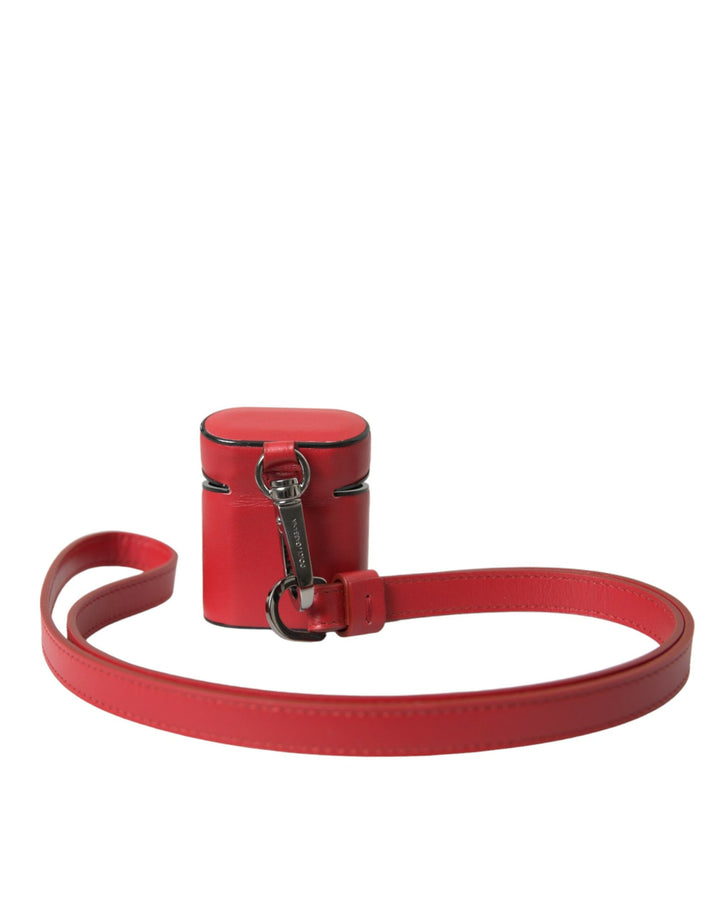 Red Calfskin Logo Print Strap Men Airpods Case