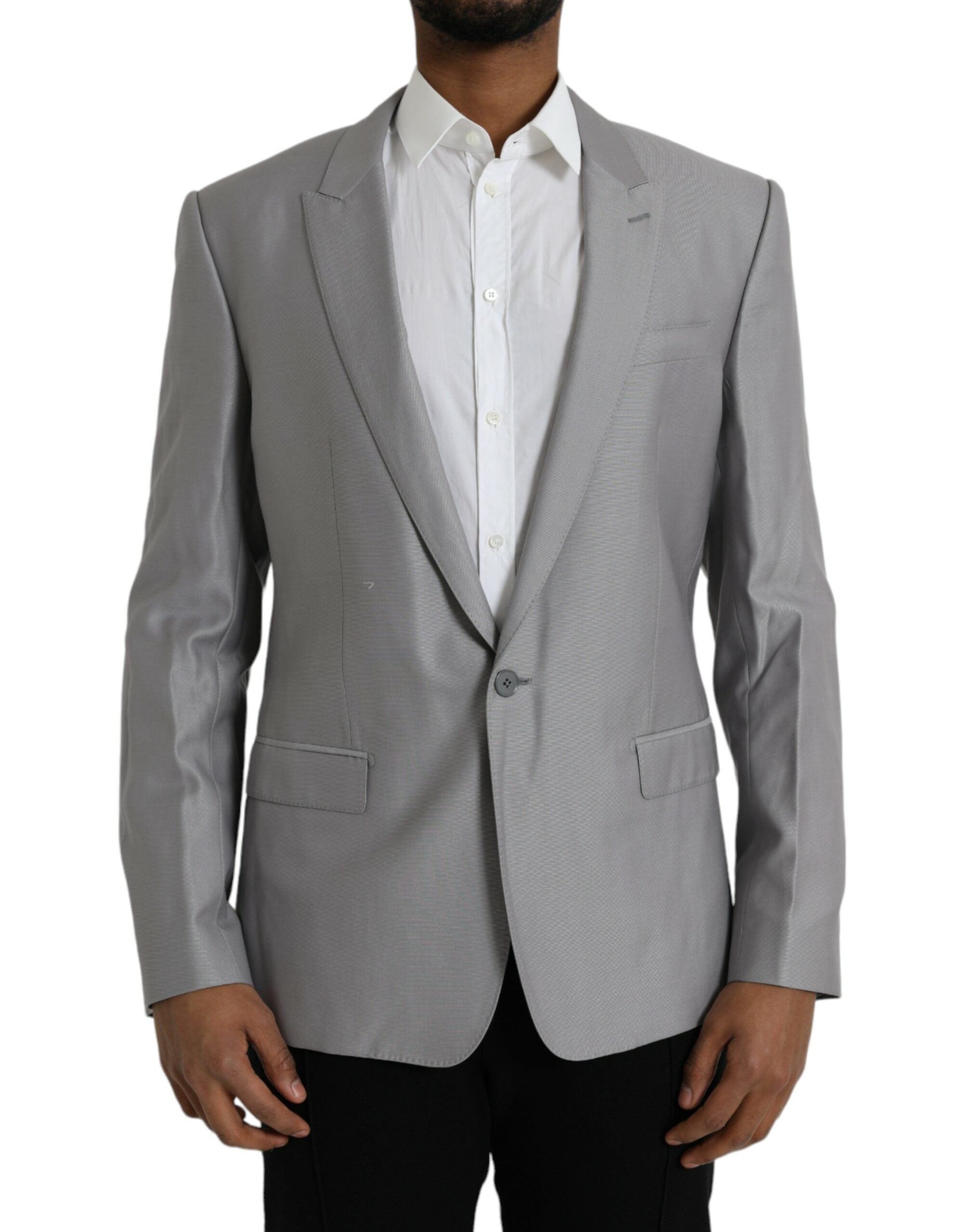 Grey single-breasted wool coat with lace blazer