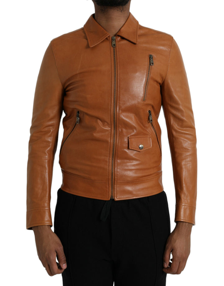 Brown lambskin blouson jacket with full zip