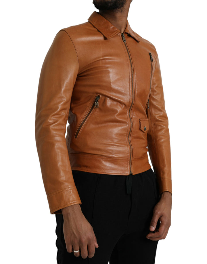 Brown lambskin blouson jacket with full zip