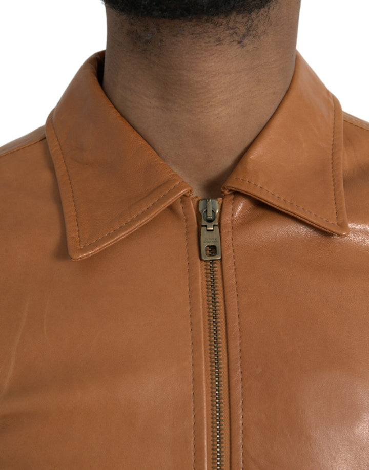 Brown lambskin blouson jacket with full zip