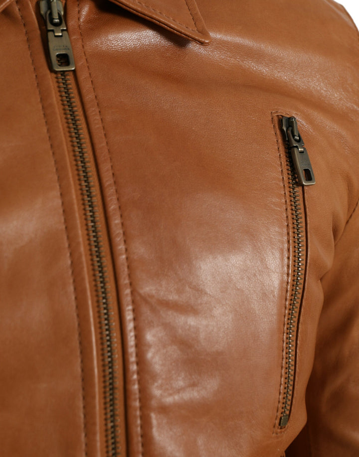 Brown lambskin blouson jacket with full zip