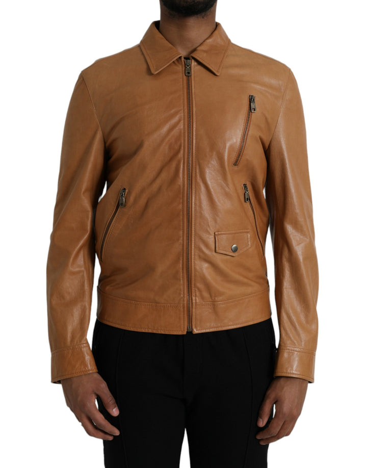 Brown lambskin blouson jacket with full zip