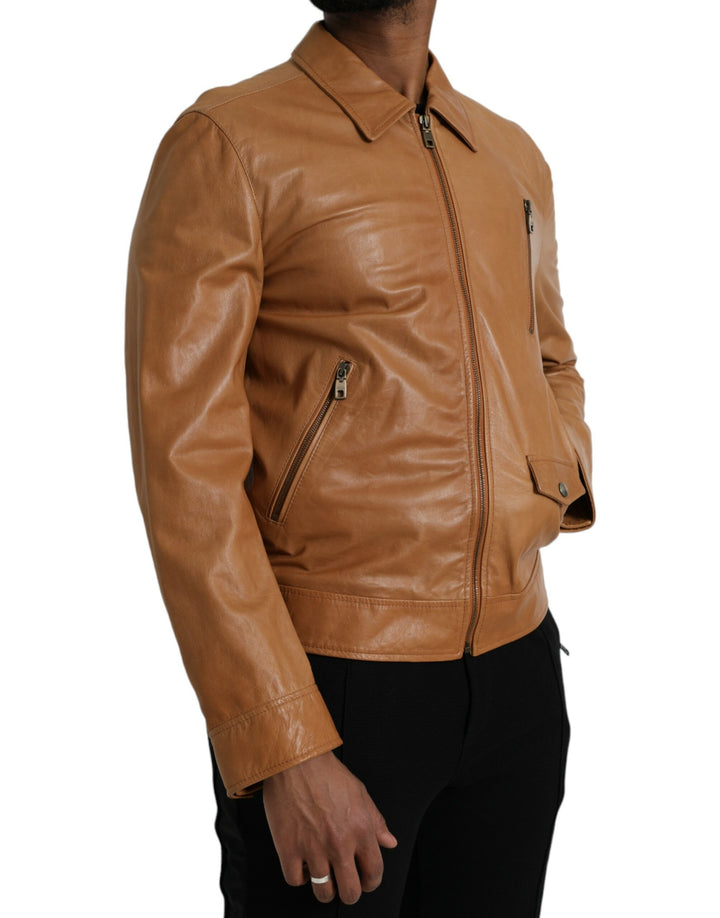 Brown lambskin blouson jacket with full zip
