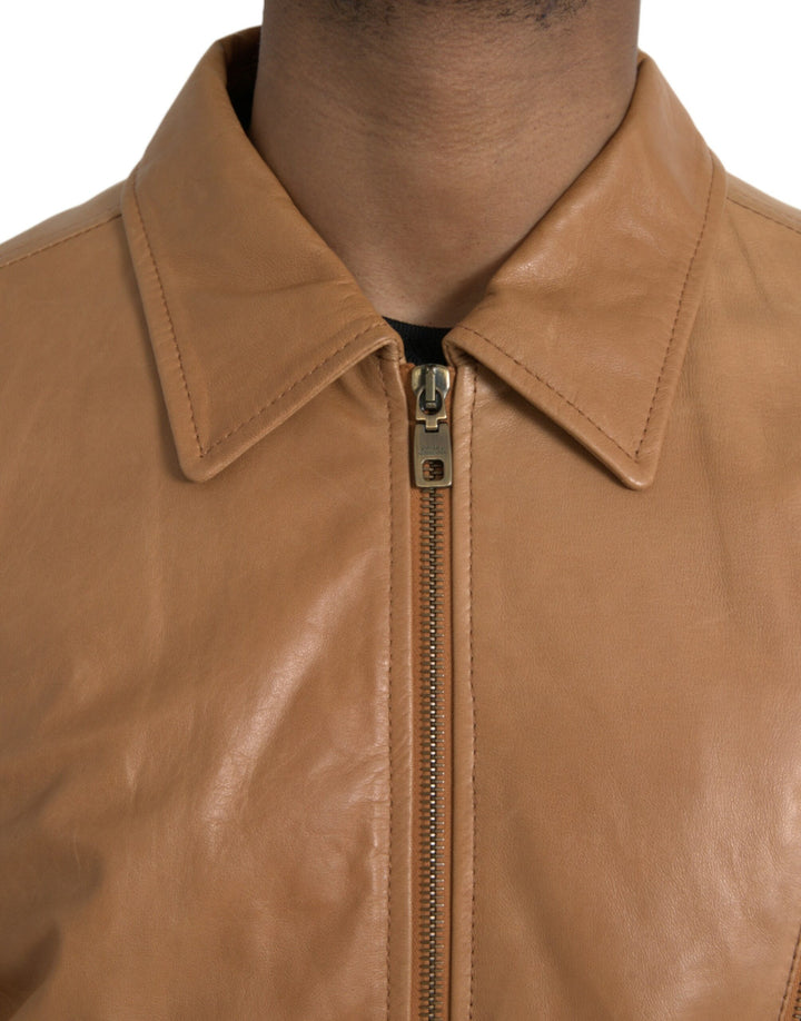 Brown lambskin blouson jacket with full zip
