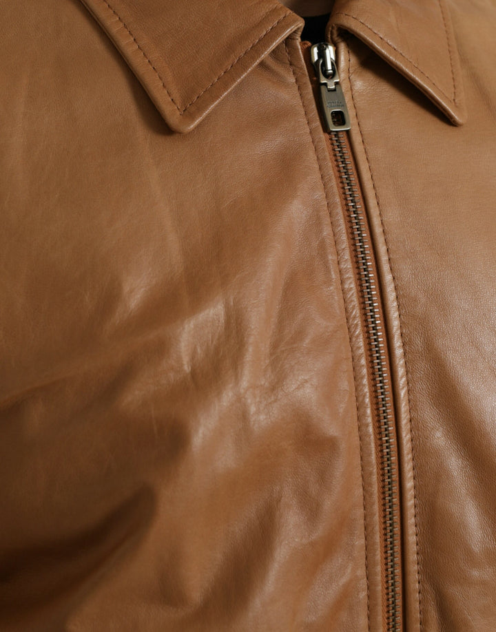Brown lambskin blouson jacket with full zip