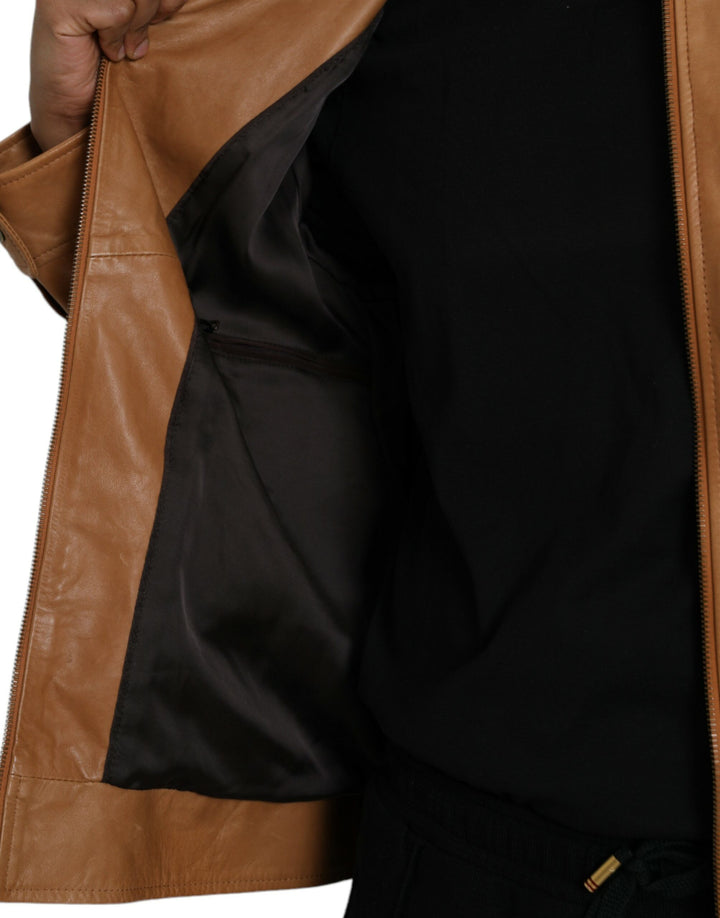 Brown lambskin blouson jacket with full zip