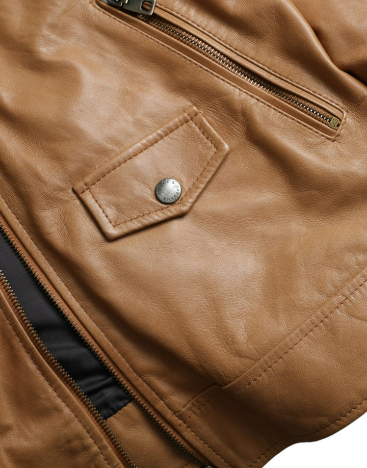 Brown lambskin blouson jacket with full zip