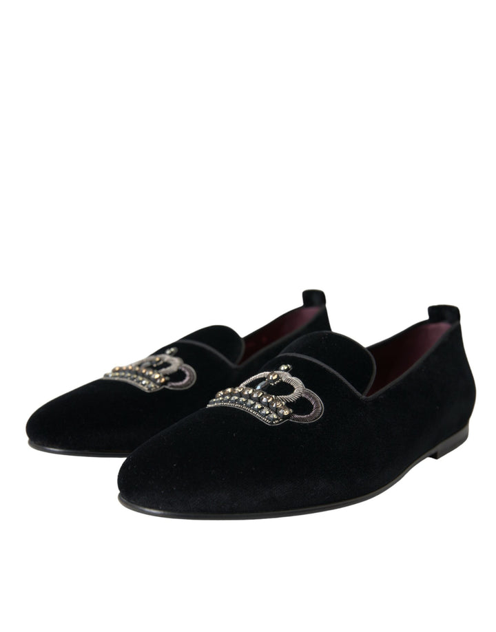 Dolce & Gabbana Schwarzer Samt Kristallkrone Männer Loafers Schuhe