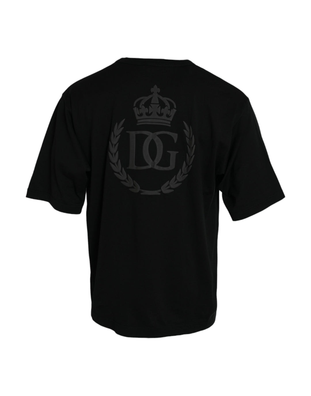 Black round-neck T-shirt with short sleeves and embossed logo