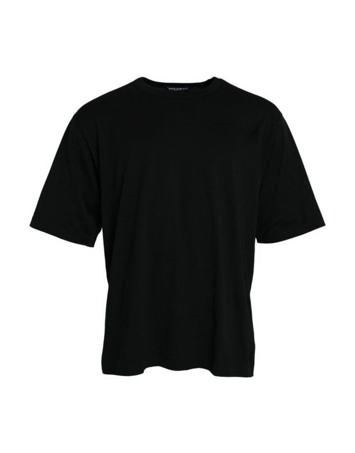 Black round-neck T-shirt with short sleeves and embossed logo