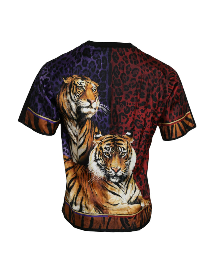 Dolce & Gabbana Multicolor Tiger Print Baumwoll-T-Shirt mit kurzen Ärmeln