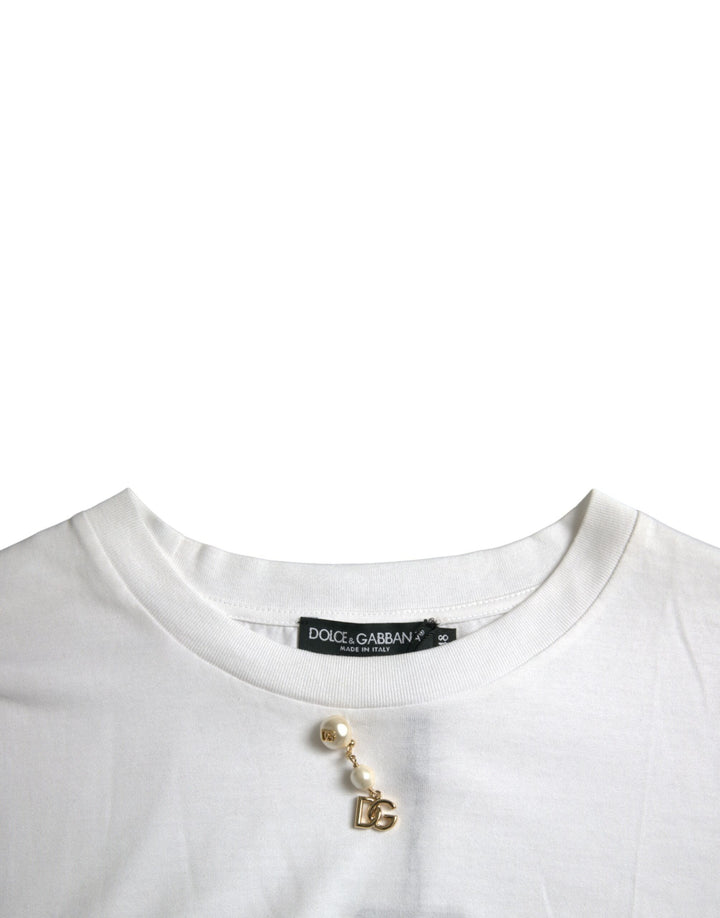 Weißes T-Shirt mit Rundhalsausschnitt aus Baumwolle mit Verzierungen